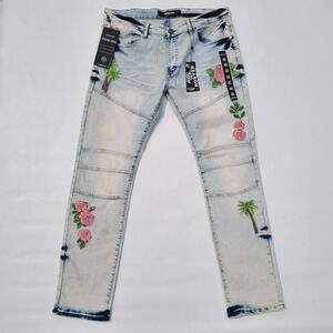 Reason Brand Jeans Men 40 Blue Denim Roses Palm Trees Patches Light Wash New